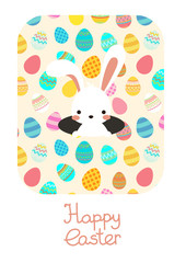 Colorful vector Easter Postcard with easter white rabbit in hole, burrow and decorative eggs and lettering. Template for card. Yellow background