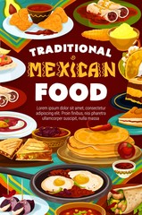 Mexican cuisine restaurant menu, Latin America traditional authentic dishes. Vector Mexican scrabbled egg with spicy beans, cinnamon cookies and capirotada pudding, tacos and burrito, nachos and salsa