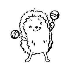 Funny hedgehog with maracas. Monochrome vector illustration in line art style. Hand drawn. On white background.