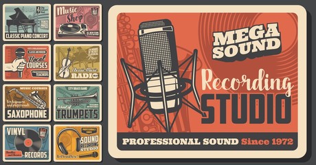 Music concert and musical instruments shop vintage retro posters. Vector sound recording studio, jazz band festival and folk music fest, DJ sound equipment and vinyl records store - obrazy, fototapety, plakaty