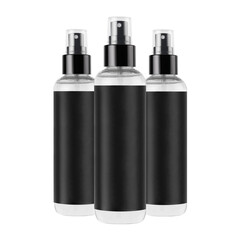 Three tall transparent spray dispenser bottles for cosmetics with black label, isolated, mock up for branding,  presentation, design.