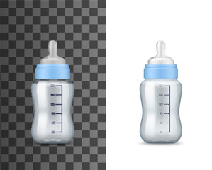 Baby milk bottles, realistic 3D mockup templates. Vector isolated baby feeding bottles of transparent plastic with milk or nutrition food, nipple and capacity volume measuring grades