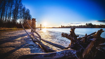 Large driftwood rests on beach along river during winter sunset