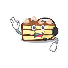 Happy chocolate slice cake mascot design style wearing headphone