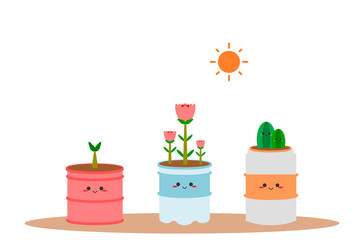 Recycle pot. Recycle cans for growing plants. Recycled plastic bottles for growing plants. Recycled canned beverage for growing plants.