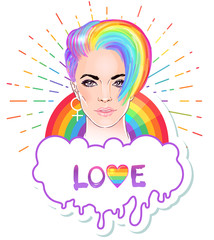 Portrait of a young pretty woman with short pixie haircut. Rainbow colored hair. LGBT concept. Vector illustration isolated on white. Hand drawn art of a modern girl.