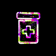 Symbol prescription bottle from multi-colored circles and stripes. UFO Green, Purple, Pink