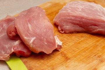 chopped pieces of raw meat on a cutting board