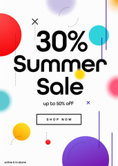 30% OFF Summer Season Sale Online Shopping Banner Ad Promo Campaign. Coupon, Voucher, Banner Design Concept. Minimal Newsletter with Shop Now Button.