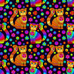 Seamless pattern with bright cats and flowers in stained glass style on a dark background