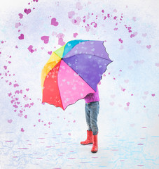 Child in red rain boots holds rainbow umbrella open for protection from rainy windy storm weather of pink hearts