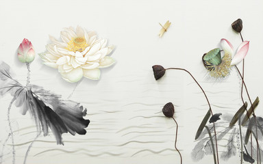 Fototapety  3d ilustracja, duże lilie wodne na szarym falistym tle