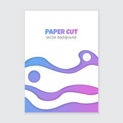 Paper cut vertical banner with pink and blue flowing cutouts. Vector template of poster, flyer, brochure with abstract wavy shapes on white background