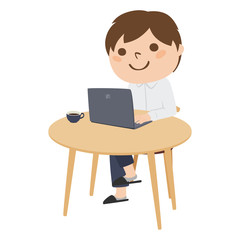 自宅やカフェで仕事をする若い男性のイラスト。