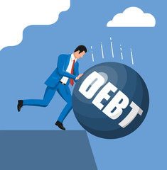 Businessman pushing debt weight out. Big heavy debt weight budren and business man in suit. Tax burden, financial crime, fee, crisis and bankruptcy. Vector illustration in flat style