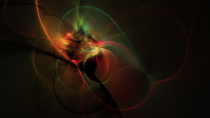 Abstract green and orange glowing shapes. Fantasy light background. Digital fractal art. 3d rendering.