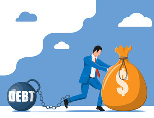 Businessman chained to big heavy debt weight with shackles. Character tied by chain to large dumbbell. Business man corporate slavery. Tax, debt, fee, crisis and bankruptcy. Flat vector illustration