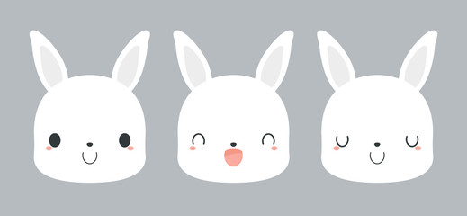 Set of cute white rabbit cartoon icons. Flat vector illustration.
