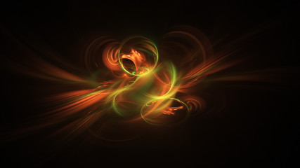Abstract colorful green and orange fiery shapes. Fantasy light background. Digital fractal art. 3d rendering.