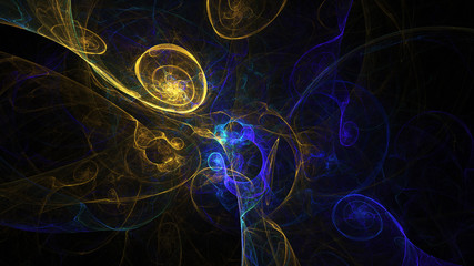 Abstract blue and yellow glowing shapes. Fantasy light background. Digital fractal art. 3d rendering.