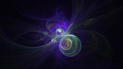 Abstract blue and green glowing shapes. Fantasy light background. Digital fractal art. 3d rendering.