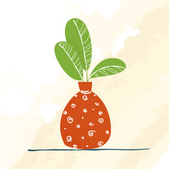 One Indoor garden potted plant or home flower in vase - isolated element on abstract background. Vector green plant in textured ceramic pot, illustration of potted houseplant for card, banner, poster