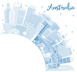 Outline Australia City Skyline with Blue Buildings and Copy Space.