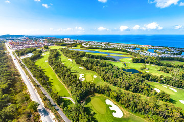 Coastal Scenery of Golf Courses and Resort Villas, Phu Quoc Island,a Tourism Destination for Summer Vacation in Southeast Asia, with Tropical Climate and Beautiful Landscape. Aerial View.