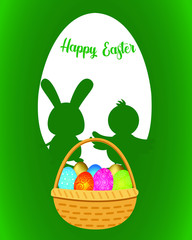 Vector drawing for Easter. Rabbit and chick on the background of an Easter egg. For congratulations