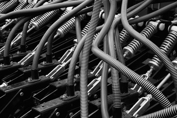 Modern high-precision seeder. Row seeder. Black and white image.