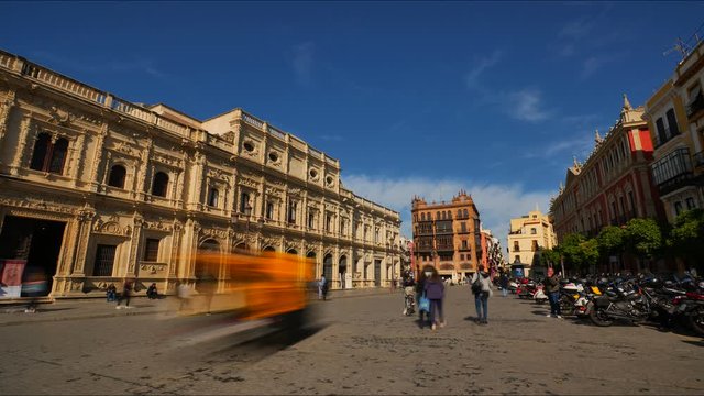 4K Timelapse of the City Hall / The Casa Consistorial de Sevilla, a Plateresque-style building in Plaza San Francisco in Seville City, Spain.