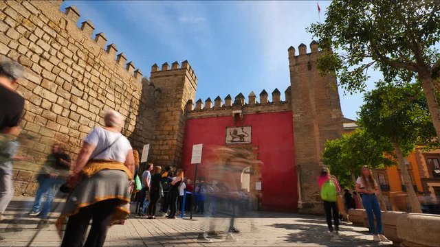 4K Timelapse of people waiting in queue to enter the Royal Alc&aacute;zar of Seville in Seville City Center. 