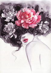 Frau mit Blumen. Schönheitshintergrund. Modeillustration. Aquarellmalerei © Anna Ismagilova