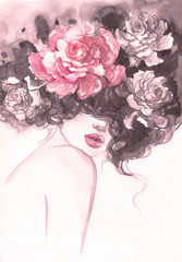 Frau mit Blumen. Schönheitshintergrund. Modeillustration. Aquarellmalerei