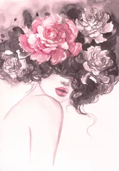 Frau mit Blumen. Schönheitshintergrund. Modeillustration. Aquarellmalerei © Anna Ismagilova