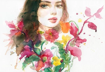 Rolgordijnen woman with flowers. beauty background. fashion illustration. watercolor painting © Anna Ismagilova