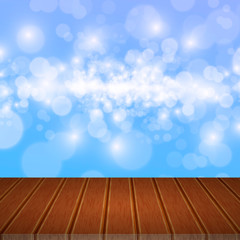 Wood table top on sky background. Vector illustration