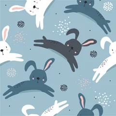 Gelukkige konijntjes, met de hand getekende achtergrond. Kleurrijk naadloos patroon met dieren. Decoratief schattig behang, goed om te bedrukken. Overlappende achtergrond vector, konijnen © Talirina