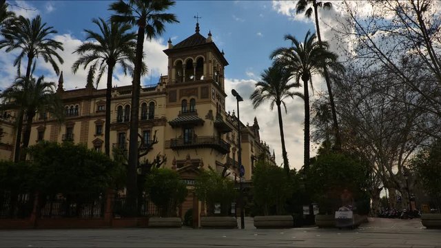 4K Timelapse of Hotel Alfonso XIII on the busy street of San Fernando in Seville City. Hotel Alfonso XIII was Designed by Architect Jos&eacute; Espiau y Mu&ntilde;oz. 