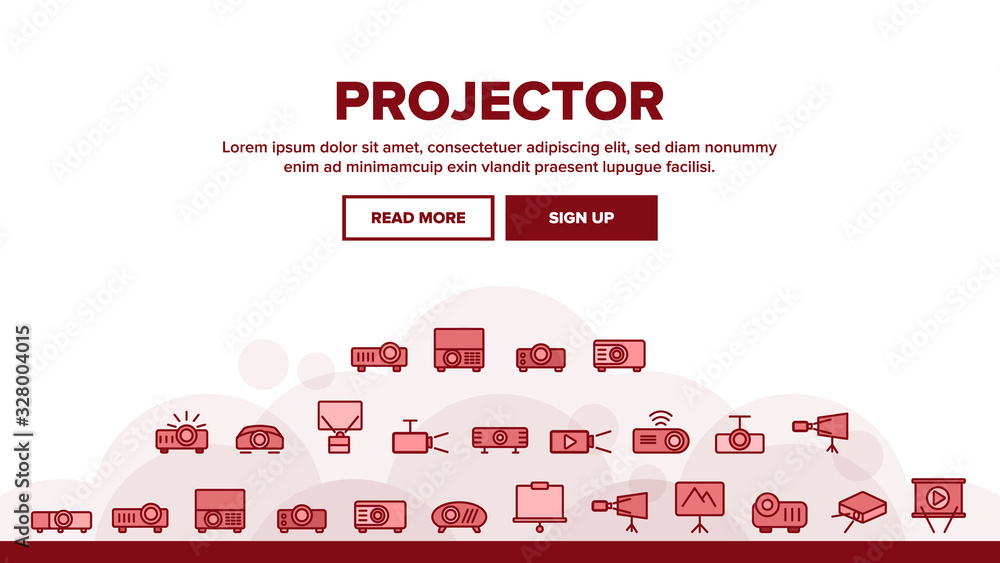 Poster projector equipment landing web page header banner template vector. electronic device video projecto