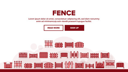 Fence Construction Landing Web Page Header Banner Template Vector. Wooden And Metallic, Brick And Stone Fence Different Material And Design Illustration