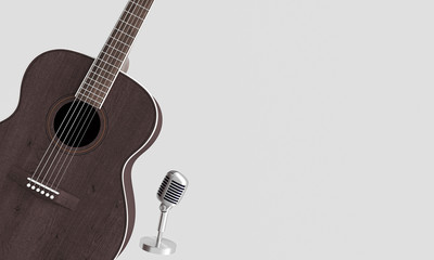 Naklejka premium Guitar with black backdrop with microphone 3d rendering
