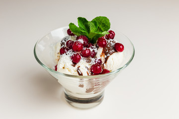Vanilla ice-cream with cranberries and chocolate syrup, garnished with mint, served in a transparent glass bowl
