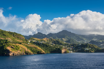 Landscape of the island of Saint Vincent - sea, mountainous coast and bay