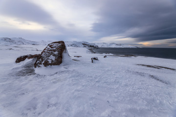 Snow-covered tundra, Barents sea coast, the Kola Peninsula, Teriberka, Russia