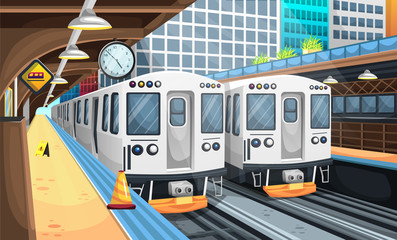Clean Train Station in the City with High Building Around, KRL Commuter Line, Big Clock, Floor Sign, and Lamps for Vector Illustration Interior Design Ideas