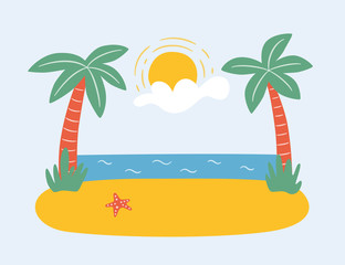 Palm trees on the beach by the sea. Summer paradise in tropics. Hand drawn vector illustration