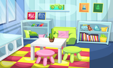 Clean Kids Playroom Colorful Landscape with Table and Chairs, Desk full of Books, Teddy Bears and Tape Stereo for Vector Illustration Interior Design Ideas