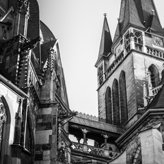 Fototapeta na wymiar detail of cathedral towers in aachen germany in black and white