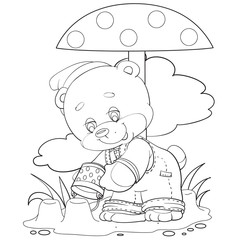 character of a little teddy bear playing in the playground with sand and a bucket, sand castle, figure in the doghouse, isolated object on a white background,